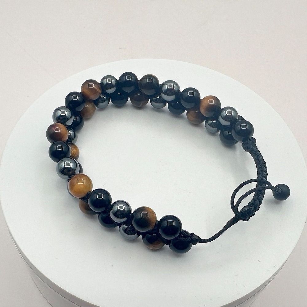 Vintage Y2K Tigers Eye Black‎ Obsidian Beaded Shamballa Bracelet Unisex Jewelry